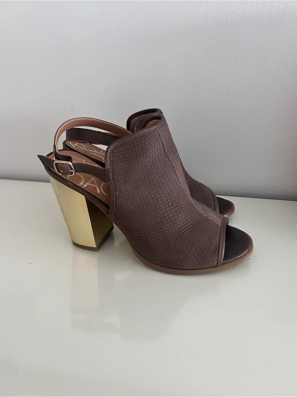 Kelsi Dagger Brown Slingback Heels with Gold Block Heel